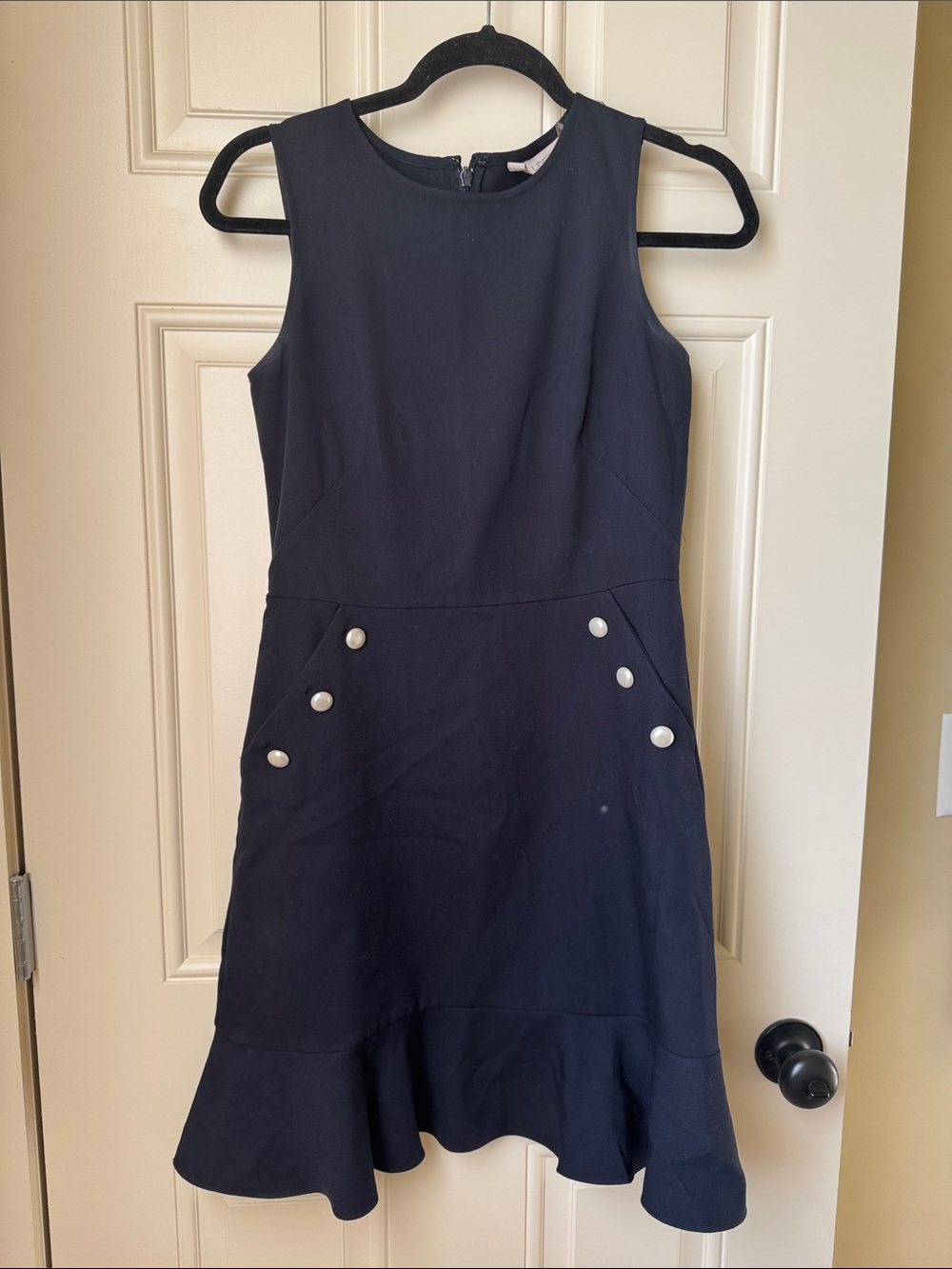 LOFT Navy Sleeveless Ruffle-Hem Dress with Pearl Buttons
